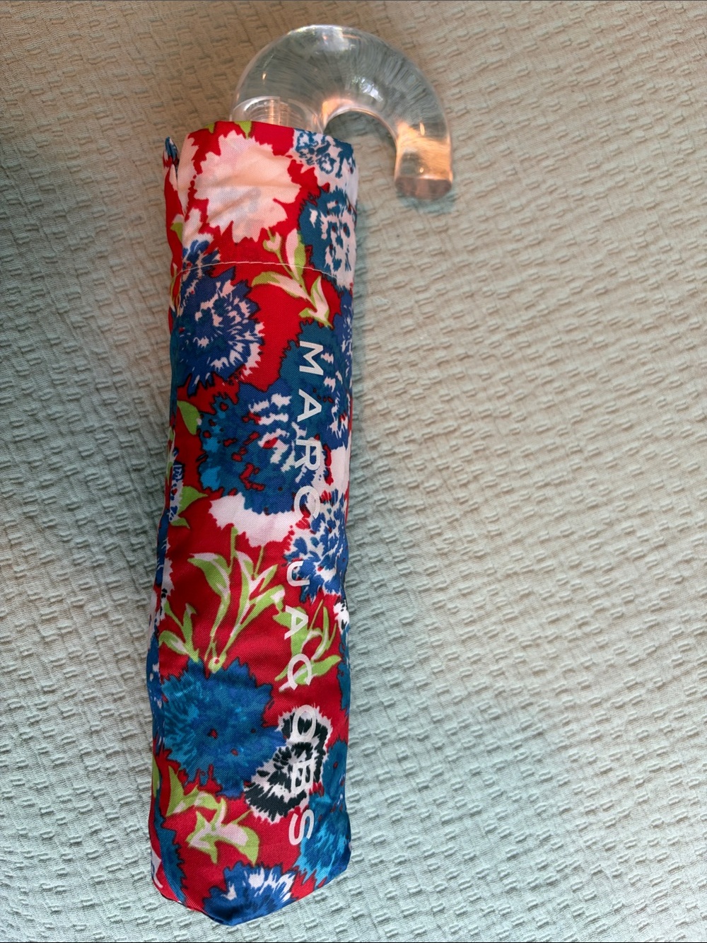 Marc Jacobs Red Floral Compact Umbrella with Blue & White Blooms